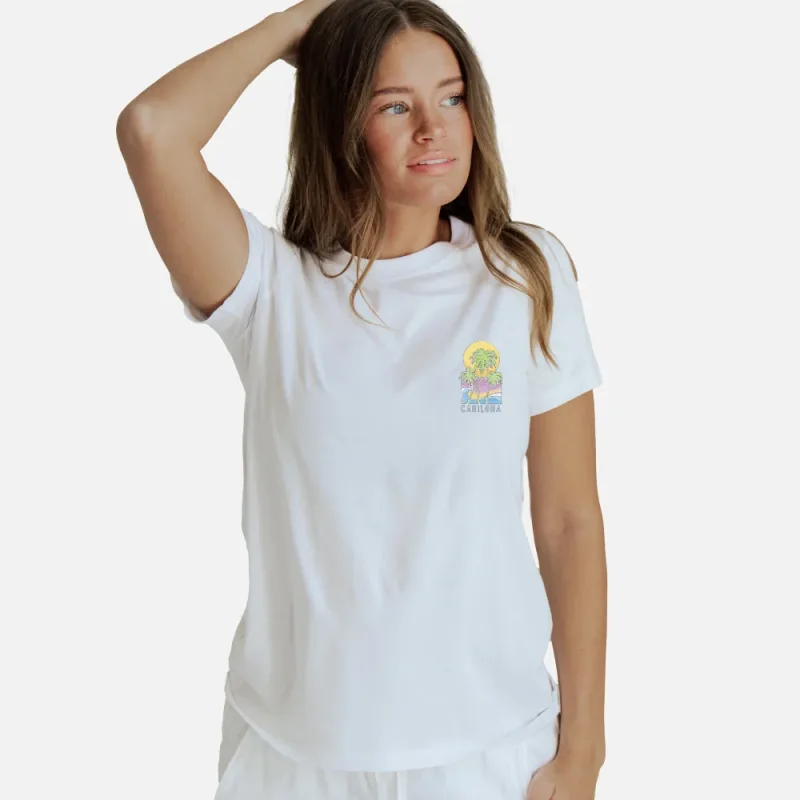 Dame bambus crew t-skjorte - Pastel Palms - hvit